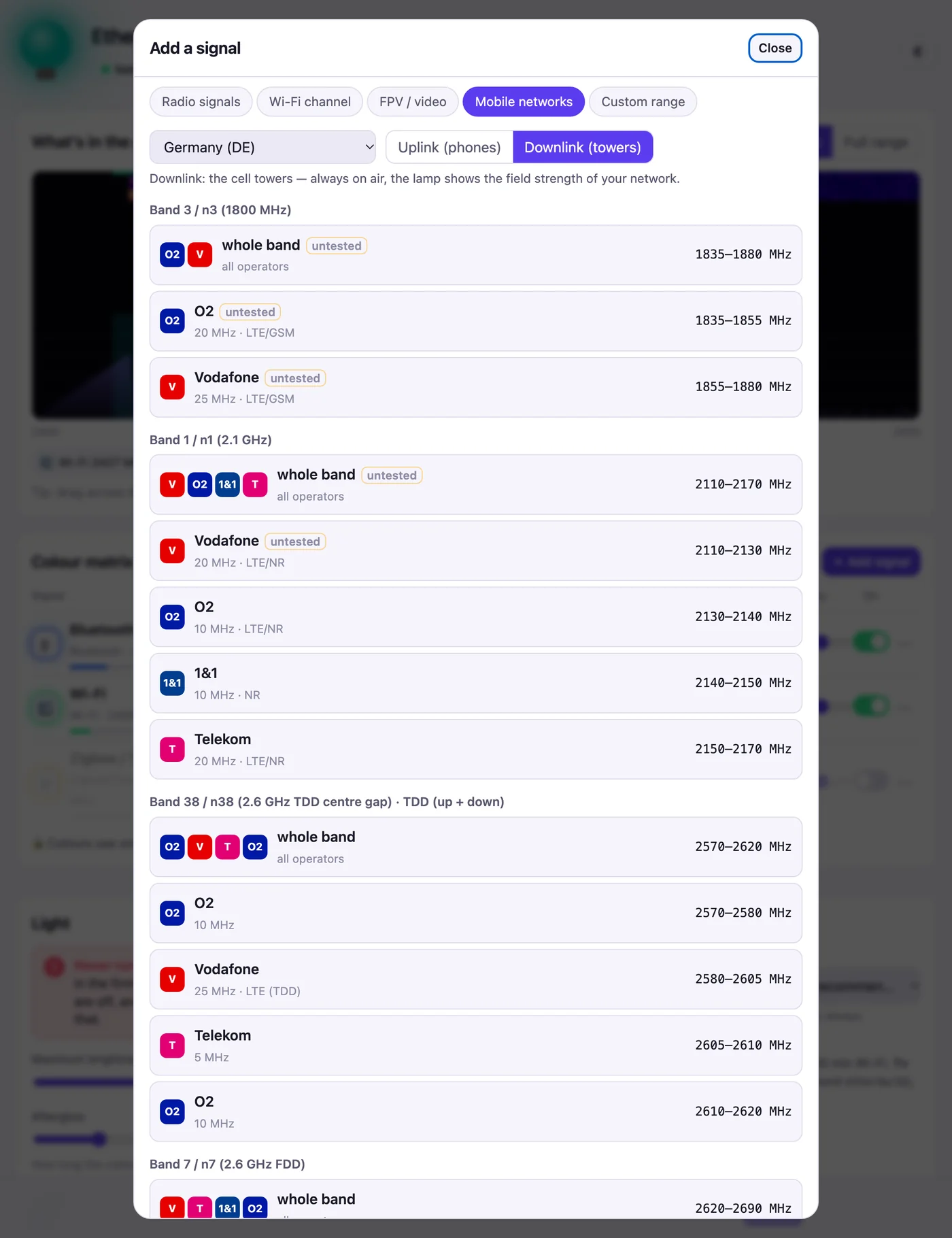 Signal picker: mobile networks by country, uplink and downlink, one row per operator block.